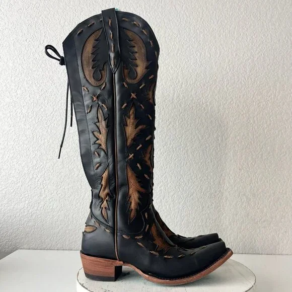 Lane Reverie Knee High Womens Cowboy Boots 6 Black Brown Western Cowgirl Lace Up - Picture 2 of 11